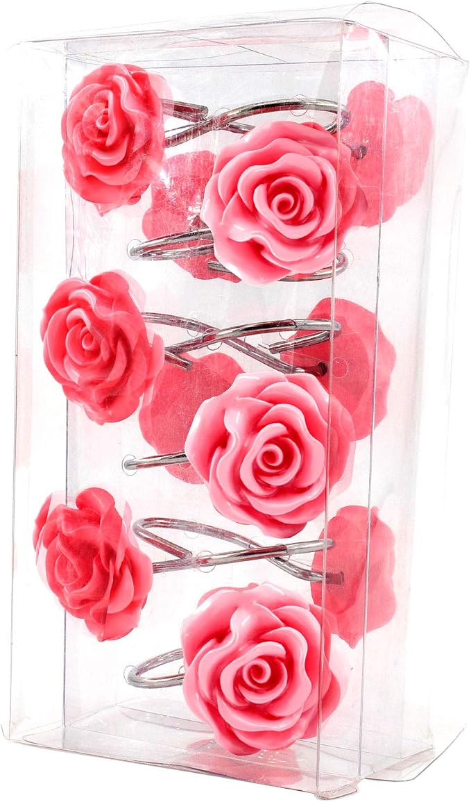 BEAVO Shower Curtain Hooks, Home Decorative Rustproof Shower Curtain Hooks Resin Rose Flower Shower Hooks Rings for Bathroom Shower Rods Curtains,Set of 12 Hooks (Pink) | Pink Flower Shower Curtain Ring - Stainless Steel Shower Ring Hook with Resin Flo...