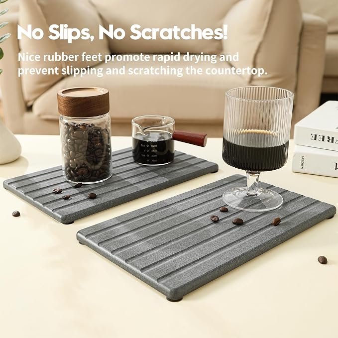 2PCS Water Absorbing Stone Drying Tray Mat for Bathroom Sink & Kitchen Counter Organizer, Quick Dry Dish Soap Dispenser Sponge Holder, Vanity Sink Caddy, Coaster, Dark Gray - 10" x 6"