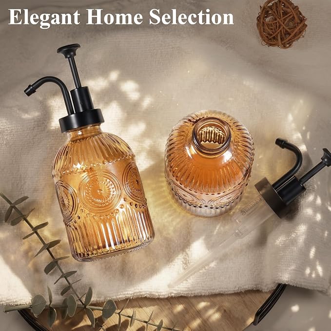 Amolliar 12 Oz Glass Soap Dispenser with Plastic Pump,Brown-Black,2 Pack | Antique Rustic Hand Liquid Bottle for Bathroom/Kitchen, Vintage/Farmhouse/Boho Style, Pump Dispenser, Refillable