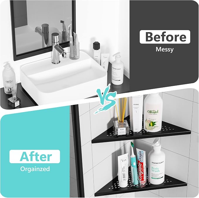 Qeke 2 Pack Bathroom Corner Shelf, Recessed 12" Corner Shower Shelf, SUS304 Stainless Steel Triangular Wall Mount, No Drilling, Matte Black | 304 Stainless Steel Grout in Bathroom Corner Shelves, Bathroom Shelf for Tiled Wall, Rustproof, No Drilling Re...