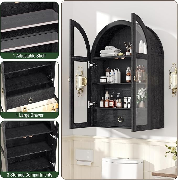 Arched Wall Cabinet with Tempered Glass Doors, 23.5×31.4 Inch Hanging Storage Cabinet with Adjustable Shelf, Glass Display Cabinet for Bathroom, Kitchen, Living Room, Black