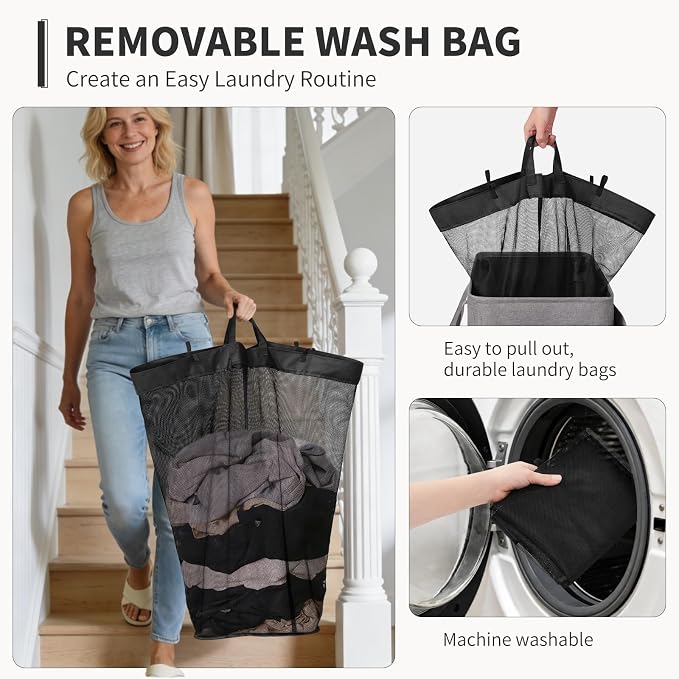 Goodpick 75L Rolling Laundry Hamper with Removable Wash Bag, Grey | 16.5 × 12.5 × 27.5 in, Reinforced Handles, Collapsible Design, Bathroom & Dorm Organization, Clothes & Blankets Storage