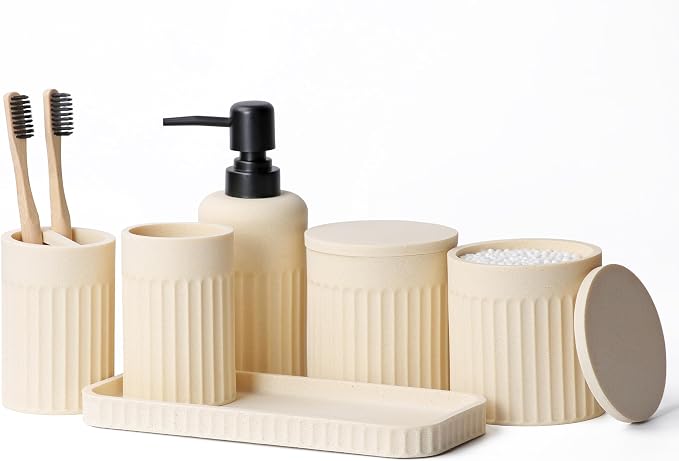 INIUNIK Bathroom Accessory Set, 6 Piece, Resin | Bathroom Accessories Set, Includes Soap Dispenser Set, Toothbrush Holders, Tumbler, Vanity Tray & 2 Qtip Holder