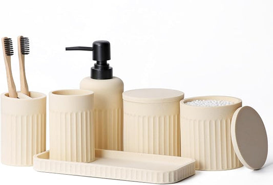 INIUNIK Bathroom Accessory Set, 6 Piece, Resin | Bathroom Accessories Set, Includes Soap Dispenser Set, Toothbrush Holders, Tumbler, Vanity Tray & 2 Qtip Holder