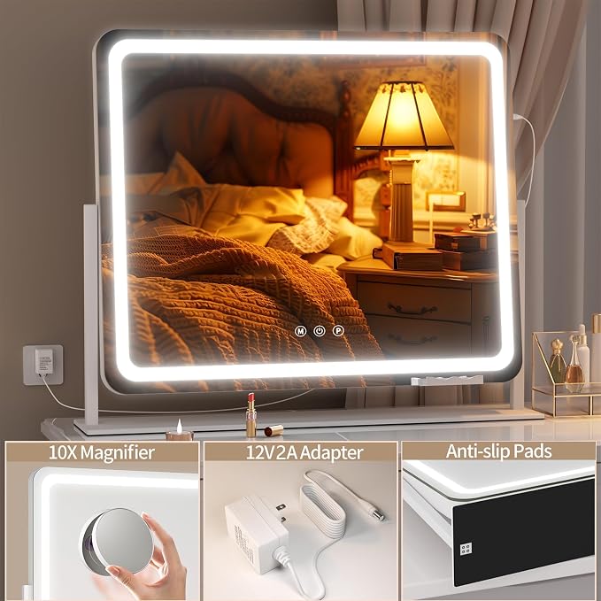 Hasipu 25" x21” LED Vanity Mirror with Lights - Makeup Mirrors with 10X Magnification, USB Charging, 3 Color Dimmable, 360° Rotation (White)