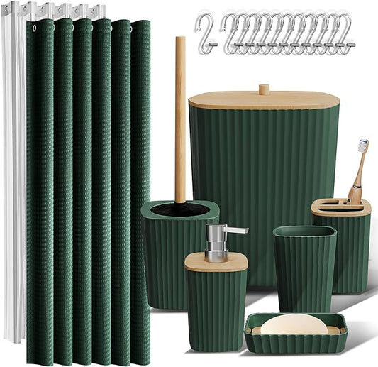 Clara Clark Bathroom Set, Shower Curtain Set, Bathroom Accessory Set | 20 Piece Hunter Green Bathroom Accessories Set with Toothbrush Holder, Soap Dispenser, Soap Dish, Toilet Brush, and Trash Can