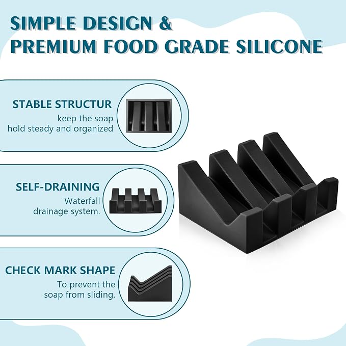 Self Draining Soap Dish Holder,Silicone Soap Dish,for Bathroom,Kitchen, Sponges，Can Extend Soap Life，Keep Soap Bars Dry and Easy Cleaning (Black+White,2-Pack)