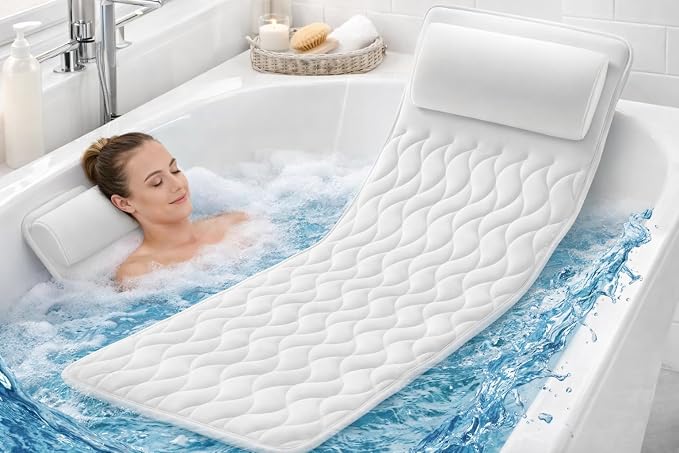 Full Body Bath Pillow for Bathtub Long Tub Cushion Mat with Headrest 5D Air Mesh 21 Suction Cups Quick Dry Machine Washable Dependable Industries Inc. Essentials