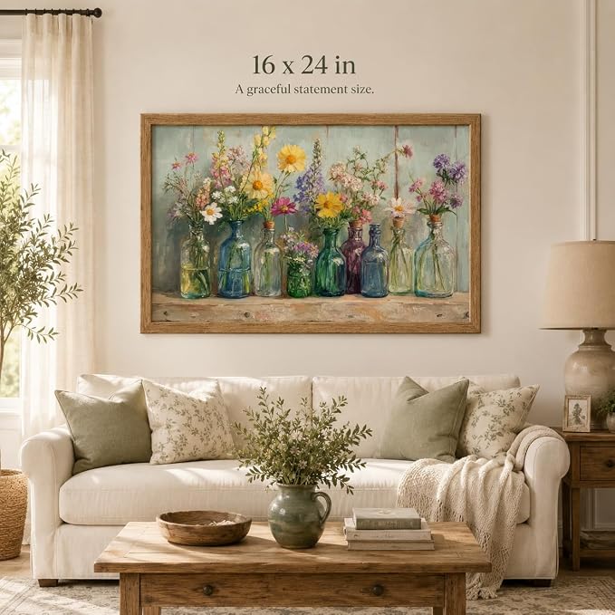 Wood Framed Farmhouse Plants Flowers Wall Art Wildflowers Colorful Glass Bottles Wall Decor Rustic Wildflower Poster Print Artwork for Bathroom Living Room Bedroom Study Room Home Decoration
