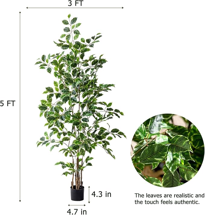 Bailikang Artificial Ficus Tree Indoor 5ft, Large Potted Faux Tree with Realistic Silk Leaves & Trunk for Home Office, Living Room Corner Decor