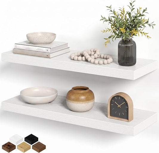 Fun Memories White Floating Shelves for Wall Set of 2, 28" White Floating Shelves for Home Decor, Rustic Wood Wall Mounted Shelf, Hanging Deep Shelf for Living Room, Bedroom, Bathroom, Kitchen