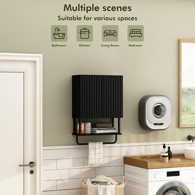 RUSTOWN Fluted Bathroom Wall Cabinet with 2 Doors, 3-Tier Medicine Cabinet | Modern Farmhouse Wall Mounted Cabinets, Over The Toilet Storage Cabinet, Adjustable Shelf and Towel Bar, Small