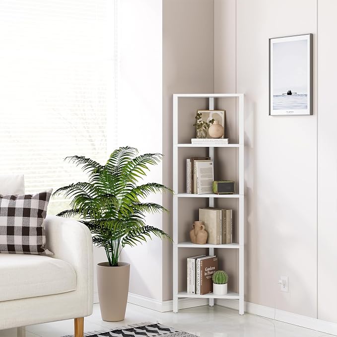 TUTOTAK Corner Shelf with LED Light, 5-Tier Corner Bookshelf | for Small Space, Narrow Display Corner Shelf Stand with Storage Rack, for Living Room, Bedroom, White BS05BW005L