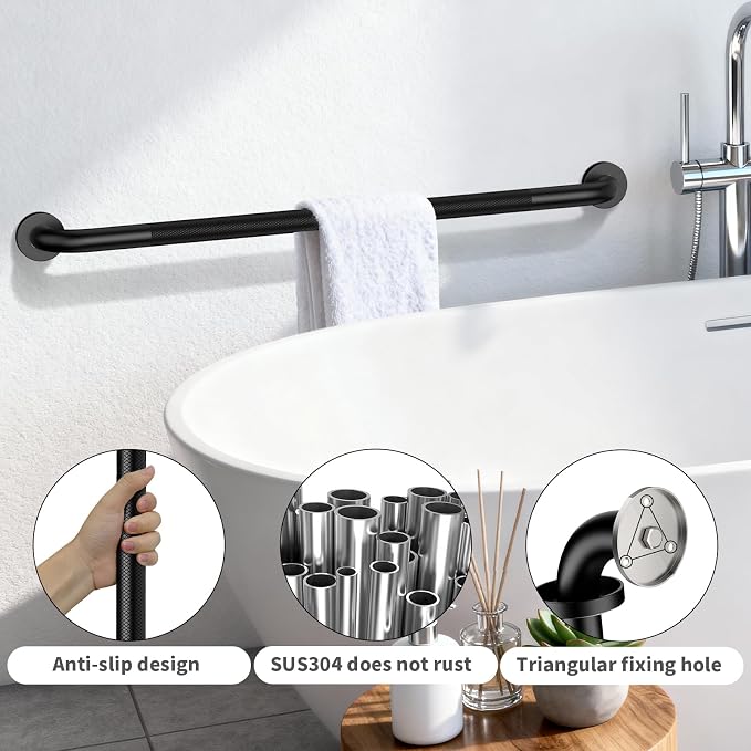 ZUEXT 2 Pack 42 Inch Extra Long Matte Black Anti Slip Shower Grab Bar | Stainless Steel Bathroom Safety Assist Handle, Heavy Duty Wall Mounted, Balance Support Rail for Seniors Handicap, 1.25" Dia