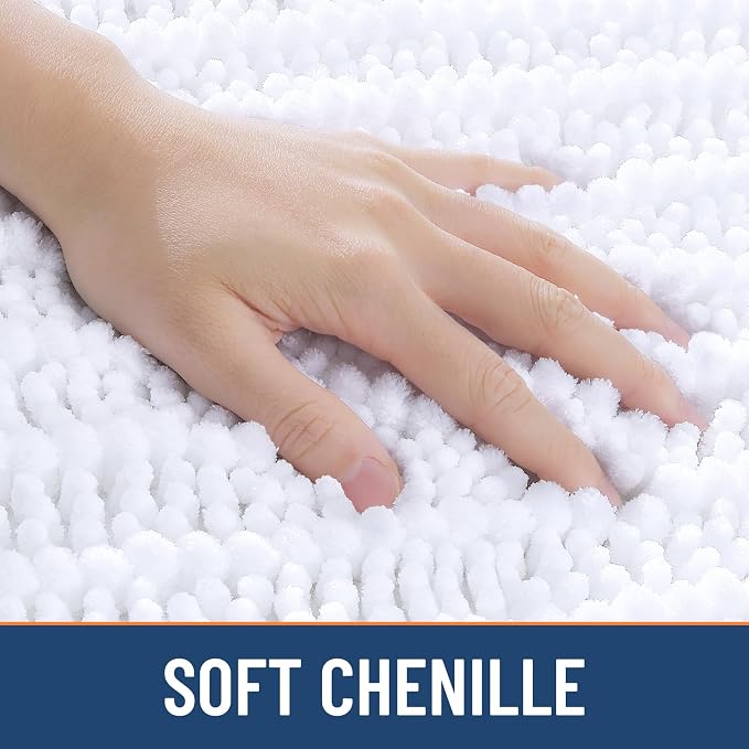 Smiry Bathroom Rugs 24X16, Extra Soft Rubber Backing Chenille Bath Mats | White Machine Washable Non Slip Quick Dry Bath Mats for Bathroom Floor, Tub, Shower, Home Decor Accessories