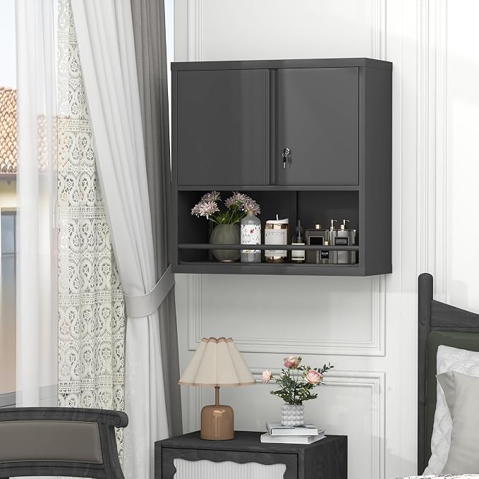 GREATMEET Locking Metal Garage Wall Cabinet with Doors and Shelf | 31" H Wall Mount Storage Cabinet, Steel Floating Hanging Utility Tool Cabinet for Garage System, Shop, Warehouse, Black