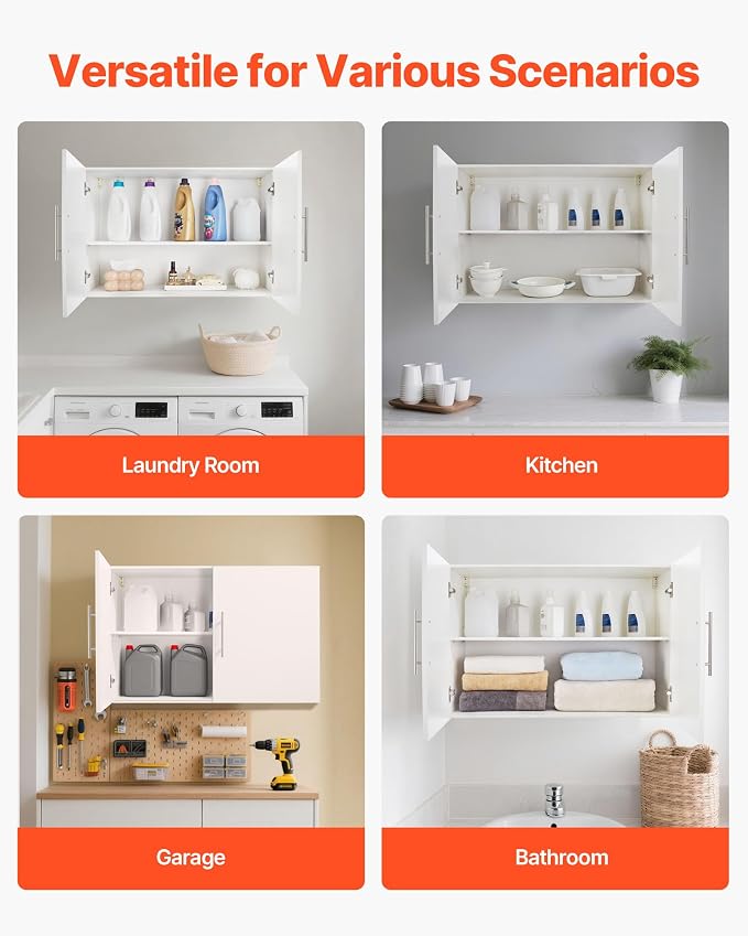 VEVOR Laundry Room Wall Cabinet, 2-Tier Wall Mounted Hanging Cabinet with Adjustable Shelf, 36 in Cupboard Storage with 2 Doors, for Kitchen, Bathroom, Laundry, 16 x 36 x 24 in (D x W x H), White