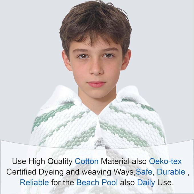 VOOVA & MOVAS Big Kids Hooded Bath Towel,6-12 Years,100% Cotton | 64X33 Inch,Green Brown Stripe,Thick,Soft, Absorbent, Quick-Drying, Beach/Pool/Swim Essentials