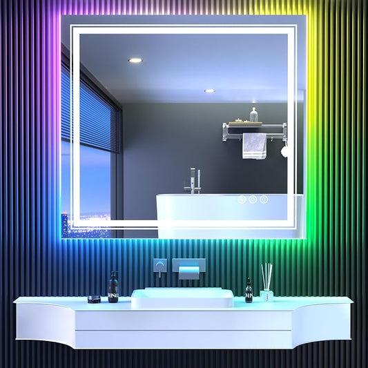 Snowdool 40 x 36 in RGB LED Bathroom Mirror, Front and Backlit, Anti-Fog | 8 RGB Backlight Modes, 3 Front Light Colors, Anti-Fog, Tempered Glass