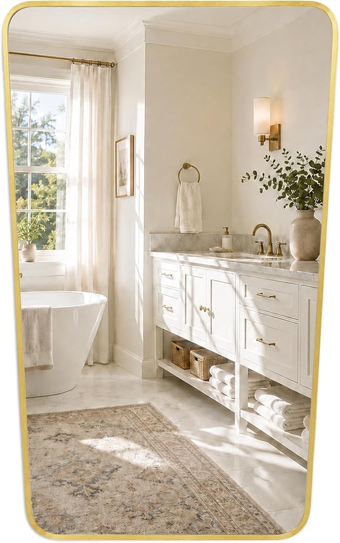 Brushed Gold Tapered Rounded Rectangle Bathroom Mirror, 24x36 Inch | Aluminum alloy frame, soft trapezoid shape, tempered glass, reversible vertical keyhole mount