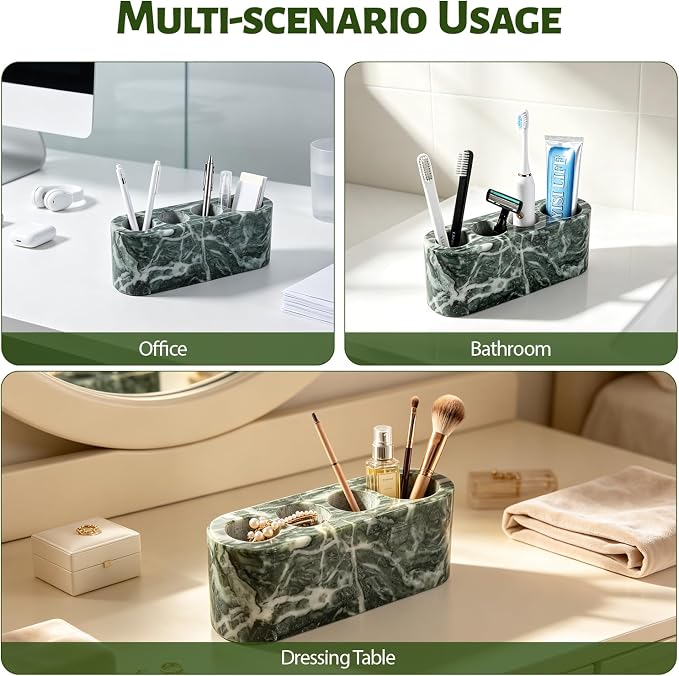 BCS Toothbrush Holder for Bathrooms, 4 Slots Marble Toothbrush and Toothpaste Holder Stand Bathroom Organizer Countertop for Electric Toothbrush, Floss, Razor, Comb - Verde