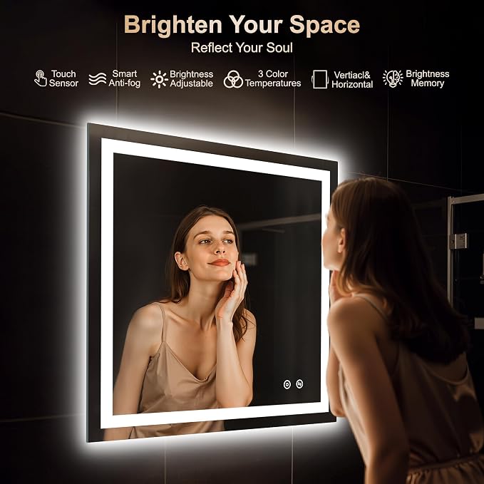 LED Vanity Mirror with Lights 30x30 Inch, Front & Backlit Bathroom Mirror, Dimmable 3 Color Lighting Anti-Fog Wall Mounted Mirror, Shatterproof Tempered Glass, Horizontal or Vertical