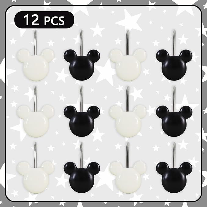 12-Piece Black White Mouse Shower Curtain Hooks for Bathroom | Decorative Shower Curtain Hooks, Stainless Steel Shower Hangers Rings