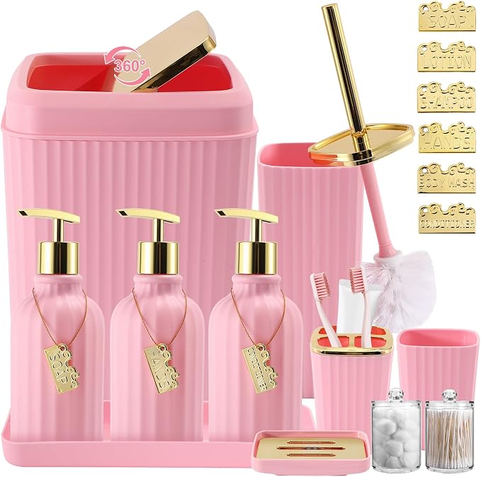 17PCS Bathroom Accessory Set Pink Bathroom Set Bathroom Accessories,Toilet Brush, Trash Can, Qtip Holder Dispenser& 3PCS Soap Dispenser
