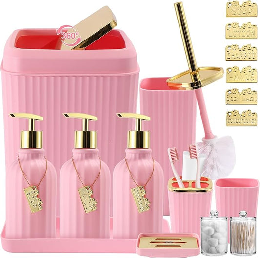 17PCS Bathroom Accessory Set Pink Bathroom Set Bathroom Accessories,Toilet Brush, Trash Can, Qtip Holder Dispenser& 3PCS Soap Dispenser