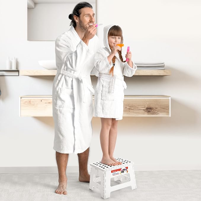 9 Inch Folding Step Stool for Kids and Adults, Holds 300 lb, White | Heavy Duty Foldable Stools, Lightweight, Non-Slip, for Toddler, for Kitchen Bathroom Bedroom Outdoor, Collapsible with Handle