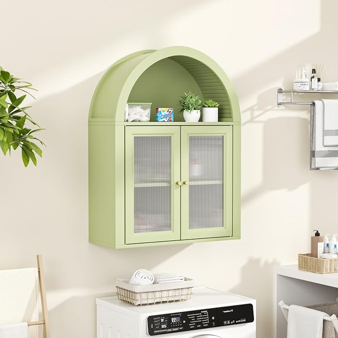 Medicine Cabinet with Arched Top, Bathroom Wall Cabinet Over Toilet with Wave Pattern Tempered Glass Doors and Removable Shelf, Arch Hanging Cabinets for Kitchen, Living Room, Laundry Room, Green