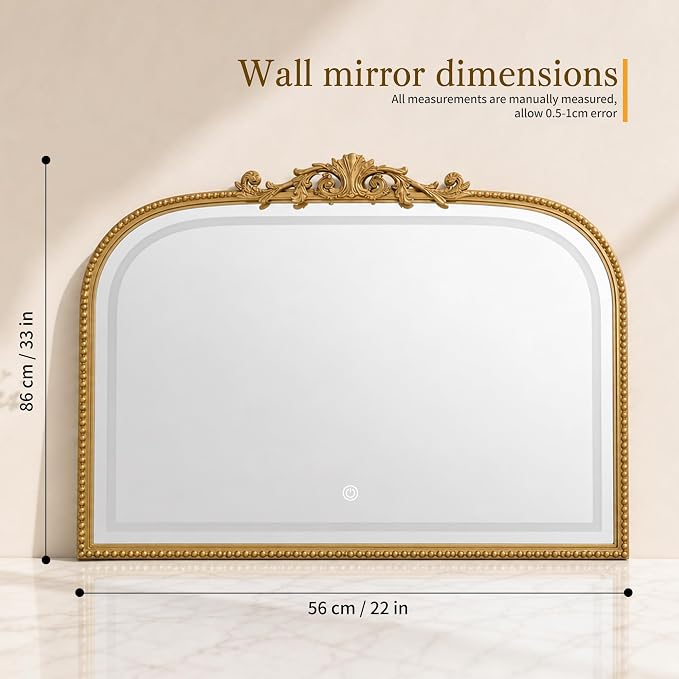 33x26 LED Mirror with Lights Gold Arched Bathroom Vanity Mirror | Gold arched LED bathroom mirror with lights, 33x26 inch wall mirror, touch control vanity mirror for bathroom, home decor