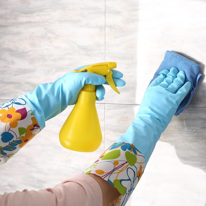 Bamllum 16-Inch Latex-Free Cleaning Gloves, Cotton Flocked Liner, Medium | Reusable Dishwashing Gloves with Long Cuffs and a Non-Slip Grip, in Pink and Yellow