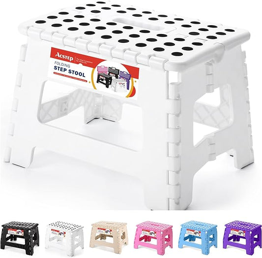 9 Inch Folding Step Stool for Kids and Adults, Holds 300 lb, White | Heavy Duty Foldable Stools, Lightweight, Non-Slip, for Toddler, for Kitchen Bathroom Bedroom Outdoor, Collapsible with Handle