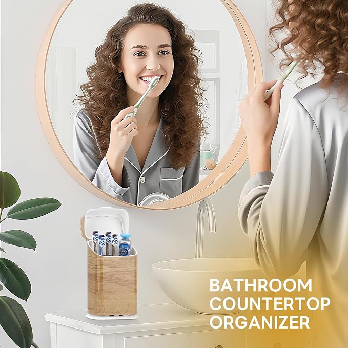 GFWARE Wood Bathroom Toothbrush Holder with Cover, Ventilated & Drainage | 5 Slots Bathroom Toothbrush & Toothpaste Organizer, Keeps Brush Heads Upright for Toothbrushes Under 7.5 Inches, Wood-Look