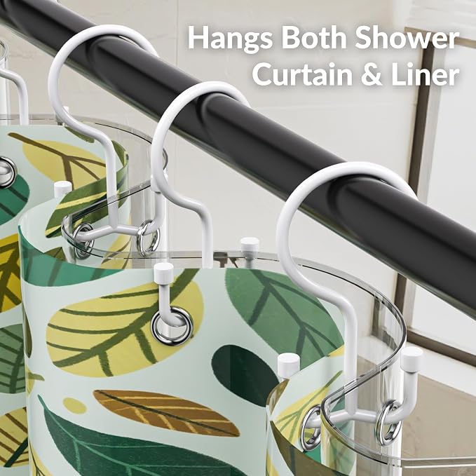 OEH Shower Curtain Hooks, 12 Pcs Shower Curtain Rings, Durable Shower Curtain Hooks Rust Proof, Shower Rings for Curtain, Free Sliding Anti-Drop Double Shower Hooks for Shower Curtain Rod, White
