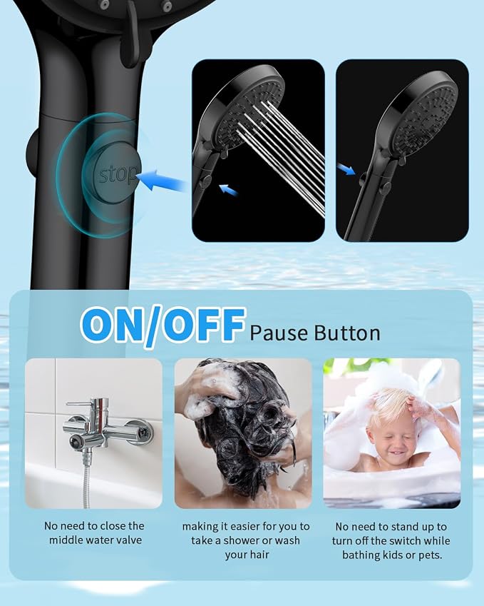 Shower Head with Handheld, High Pressure Showerhead with Hose Black | 80" Extra Long Stainless Steel Hose & Adjustable Bracket, Shower Heads with ON/OFF Switch for Pets Bath