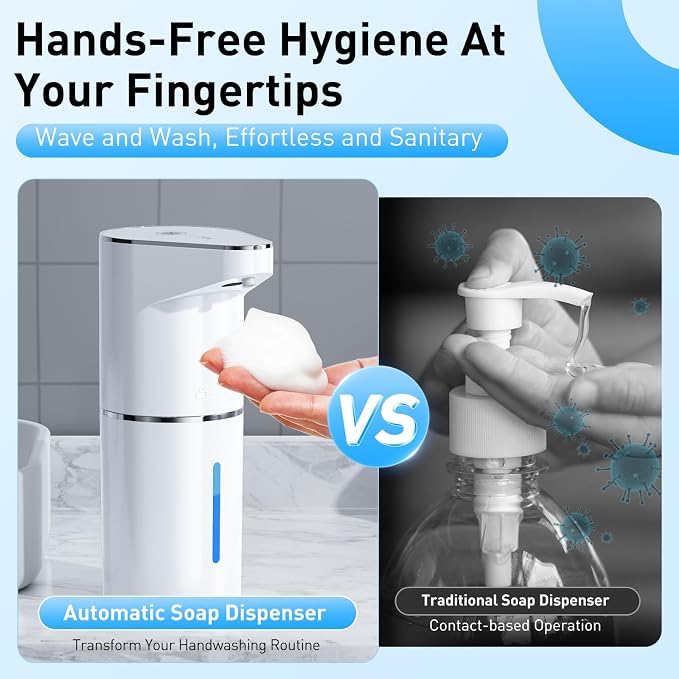Fantictas Automatic Foam Soap Dispenser, 3 Levels for Kitchen and Bath | For Foaming Soap, 0.25s Foam Output, Type-C Charging, 90-day use, Wall Mountable, IPX5 Waterproof, 350ML, White Foam