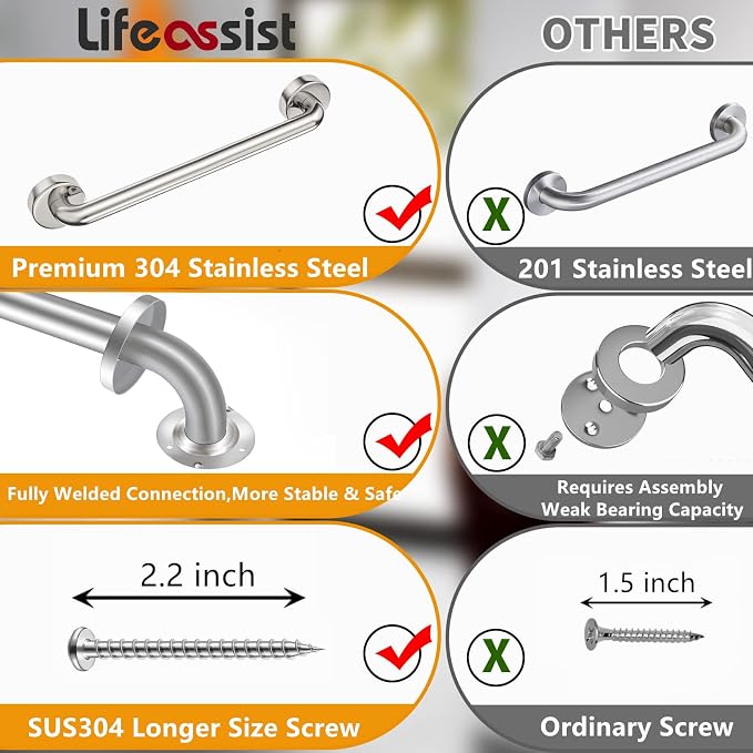 2 Pack Grab Bars for Bathroom, 18 Inch Chrome Stainless Steel Shower Grab Bar, Concealed Screw Balance Assist Safety Bath Handrail, 500lbs Support Shower Handle for Handicap, Elderly, Injury