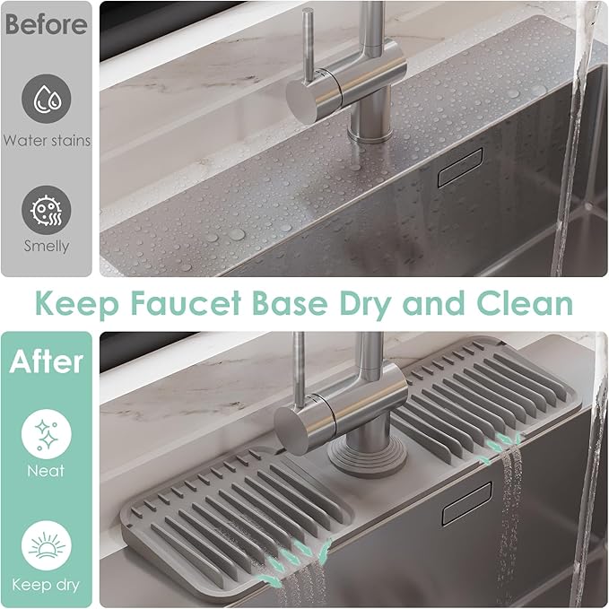 17.7-Inch Silicone Faucet Mat for Kitchen Sink Splash Guard, 7° Slope | 17.7"x5.5" water draining mat with fasten button; 1.6-2.75" customizable hole for bathroom, RV & kitchen sink drip catcher.