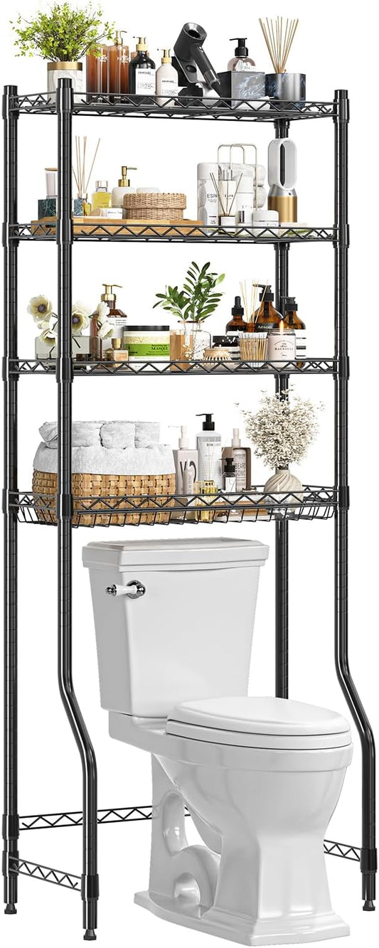 Simple Trending 4 Tier Over The Toilet Storage Rack, Bathroom Organizers and Storage Over Toilet with Adjustable Shelf and Basket, (Black)