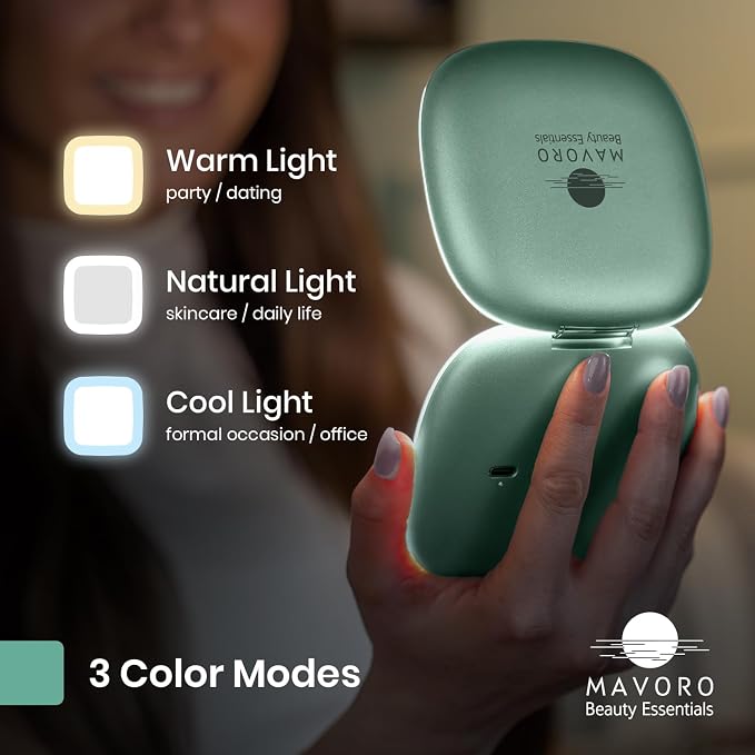 LED Lighted Travel Makeup Mirror 1x/10x, USB-C Rechargeable (Serene Mint)