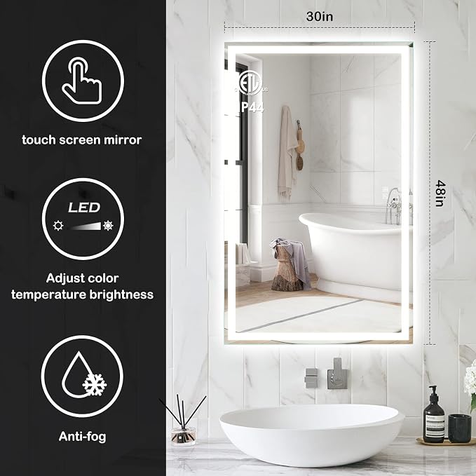 ROOMTEC 48x30 Inches LED Bathroom Mirror with Lights, Vanity Mirror with Front and Backlight, Smart Dimmable Anti-Fog LED Mirror for Bathroom, Memory Function, Tempered Glass (Horizontal/Vertical) | Anti-Fog, Dimmable, Memory Function, Bathroom Vanity ...