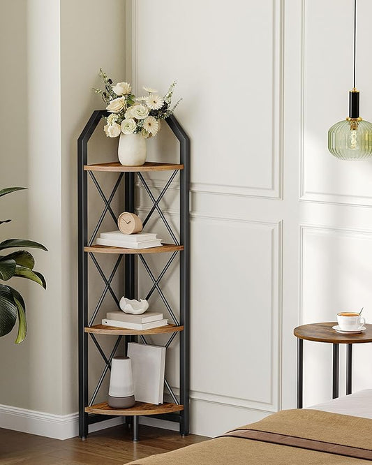 47.6" Corner Shelf, 4-Tier Industrial Corner Bookshelf, Corner Storage Stand, Corner Bookcase for Bedroom, Living Room, Home Office, Rustic Brown and Black TCJ09BF