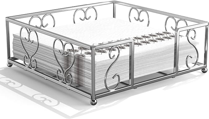 Flat Napkin Holder for Table, Silver Metal Weighted Paper Caddy | Lunch Napkins, Dinner Napkins & Everyday Use