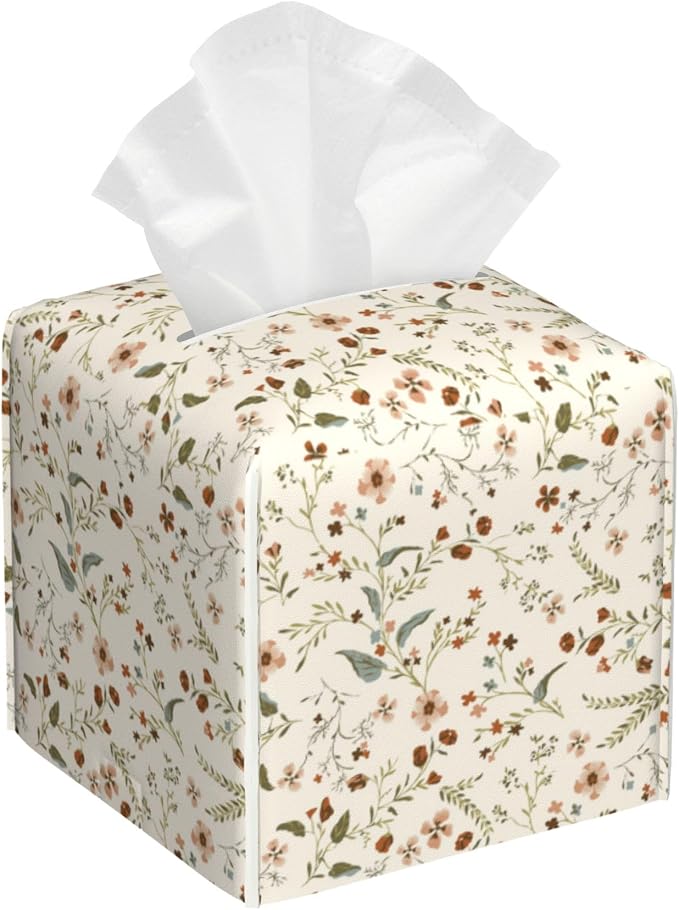 Vintage Decorative Square Leather Tissue Box Holder Cover Facial Paper Organizer Dispenser for Bathroom, Vanity Countertop, Office Desk (Vintage Flowers and Plants)