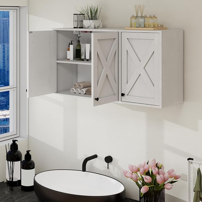YOURLITE Laundry Cabinet, Medicine Cabinet, Bathroom Kitchen Storage Wall Mounted Farmhouse Organizer with Shelves Over Toilet, 36" Wide, White