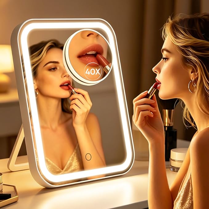 FUNTOUCH 5000mAh Large Lighted Vanity Makeup Mirror with 40X Magnifier | 96 LED Lights Rechargeable 12.1"x 10.2"Large Size,3 Lighting Modes,Adjust Brightness & 360°Rotation,Women's Gift,for Bedroom