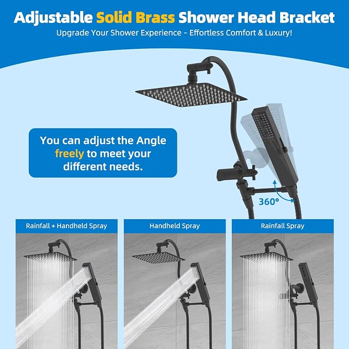 Hibbent All Metal cUPC Certified Shower Head, 10'' High Pressure Rainfall Showerhead Combo, Handheld Shower Wand, 12'' Adjustable Extension Arm, 4-Spray, 71'' Hose, Brass Shower Holder, Matte Black
