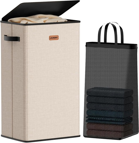 100L Laundry Hamper with Lid, Large Clothes Hampers with Removable Bag, Collapsible Laundry Basket for Bathroom, Bedroom, Laundry Room, Dorm, Beige